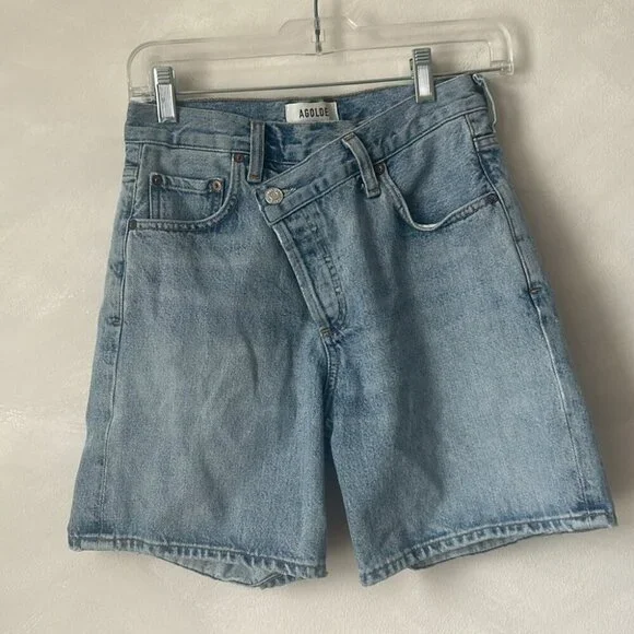 Agolde criss cross jean shorts size 23 revolve aritzia button fly long jorts - Picture 3 of 9